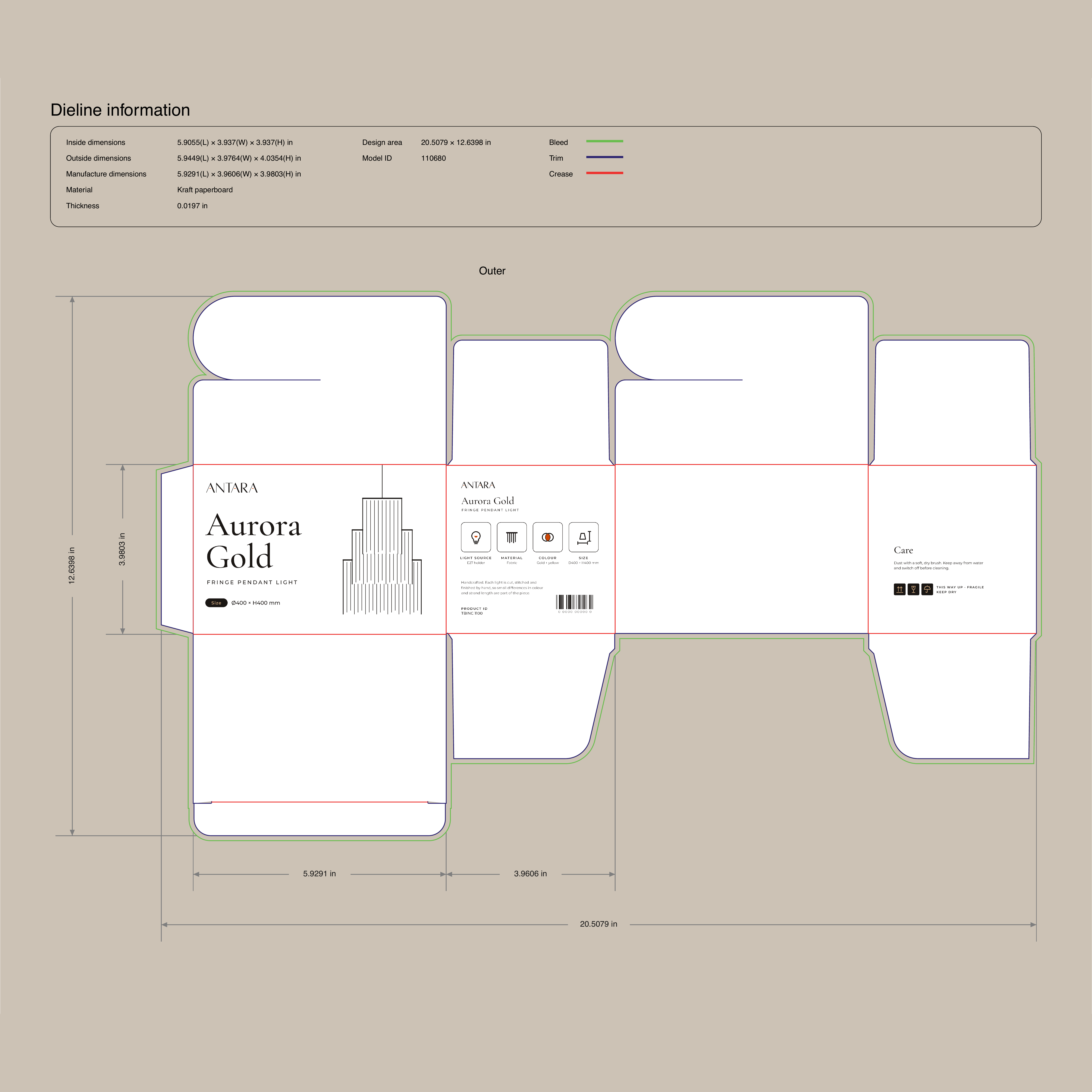 Antara packaging dieline with dimensions and care panel
