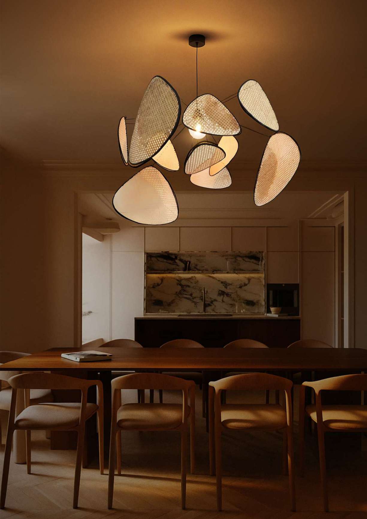 Antara sculptural clustered lamps in a warm dining room