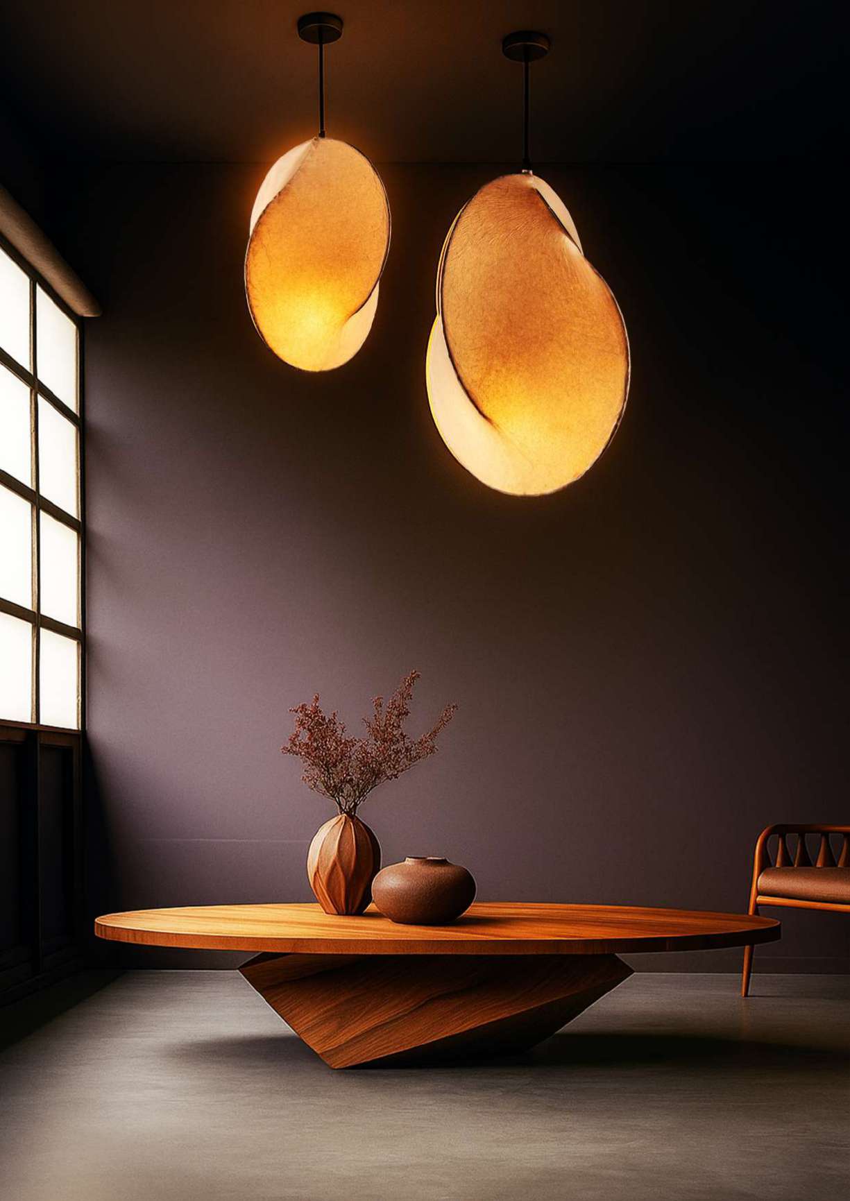 Two glowing curved pendant lamps above a timber table