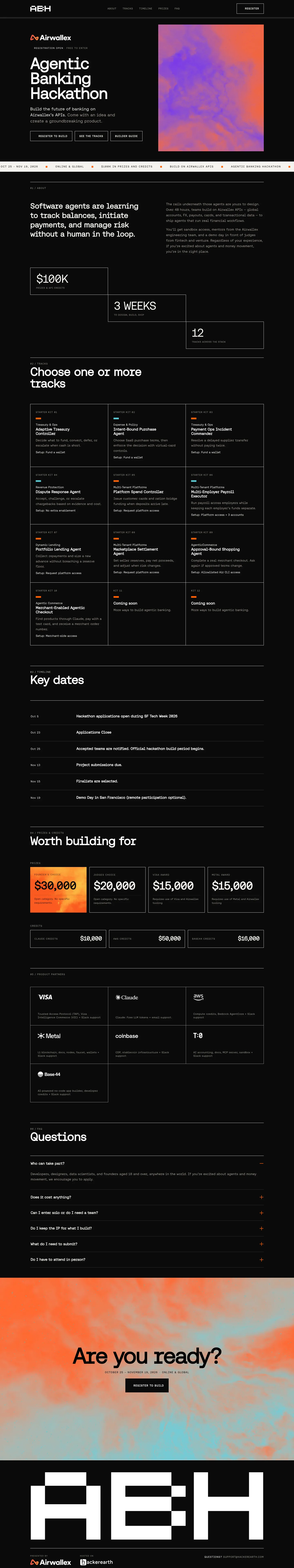 Full-length Agentic Banking Hackathon microsite: hero, about, twelve track starter kits, key dates, prizes and credits, product partners, FAQs and closing call to register