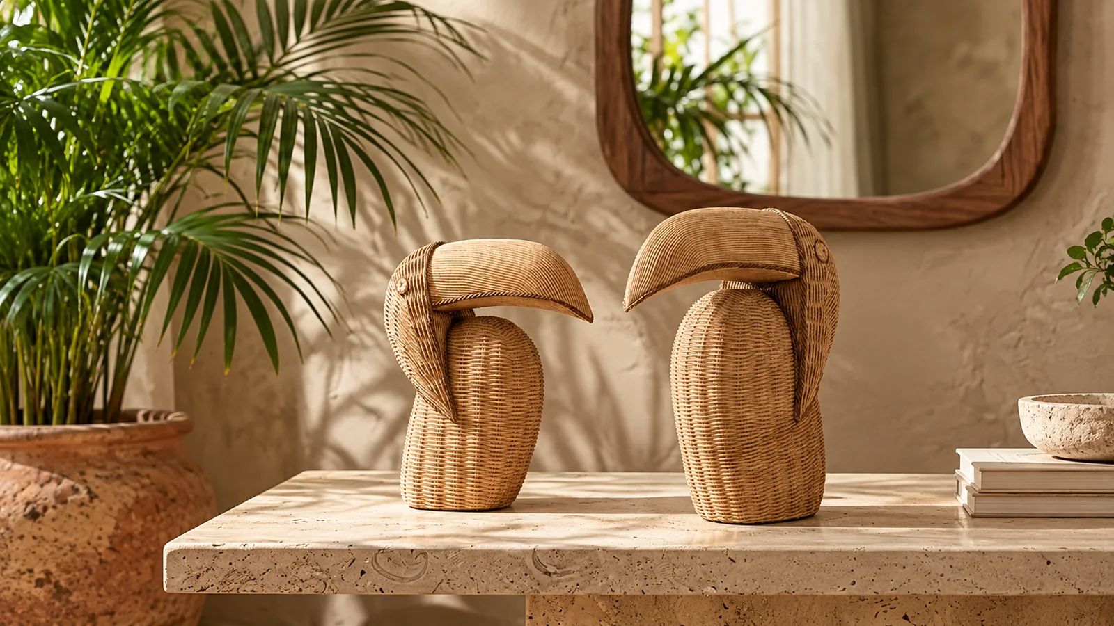 Animal Figurines banner: Woven bird figurines on a travertine console