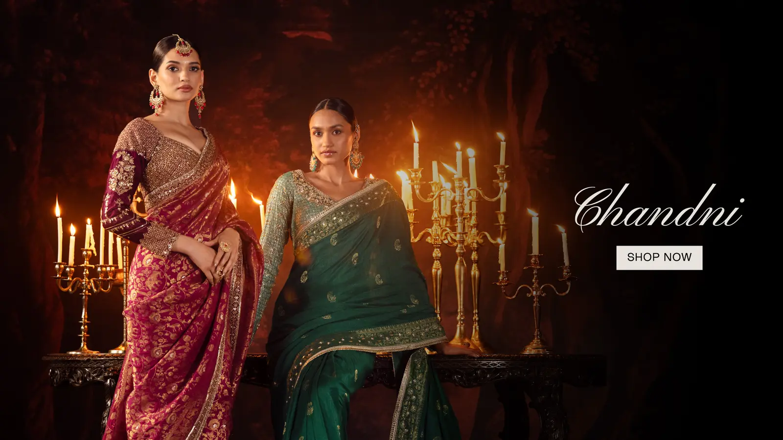 Chandni homepage banner: two sarees by candlelight, Shop now, desktop