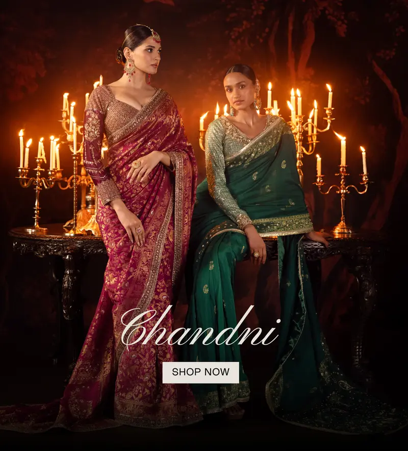 Chandni homepage banner: two sarees by candlelight, Shop now, mobile