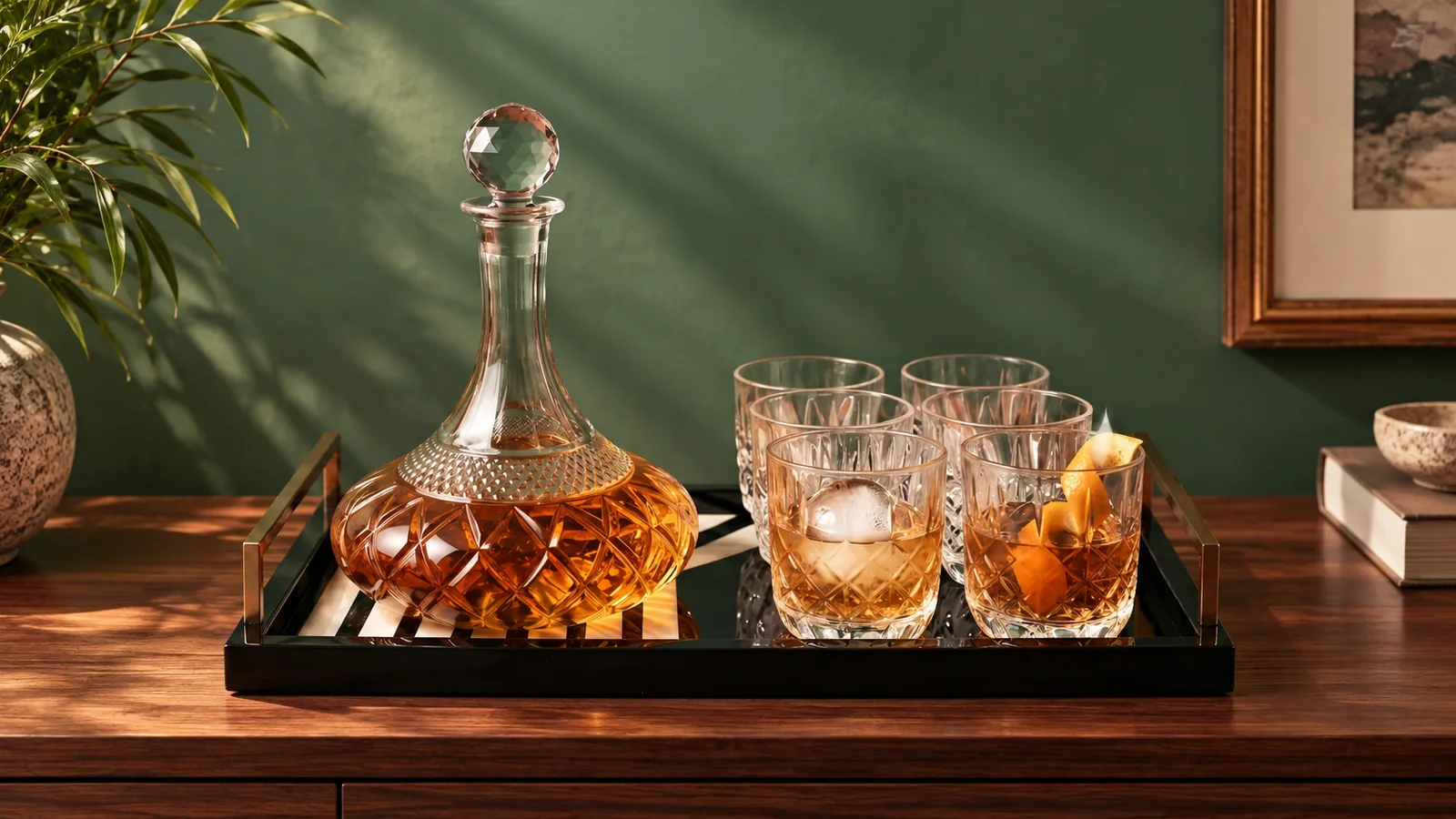 Barware banner: A crystal decanter and glasses on a black tray, sage green wall
