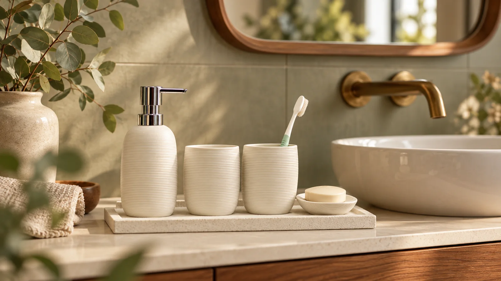 Bathroom banner: Ceramic bath accessories on a stone vanity with brass taps