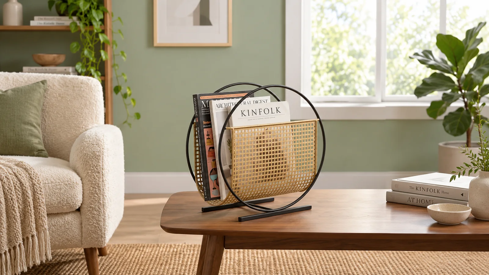 Book Ends banner: A rattan and iron magazine holder on a coffee table