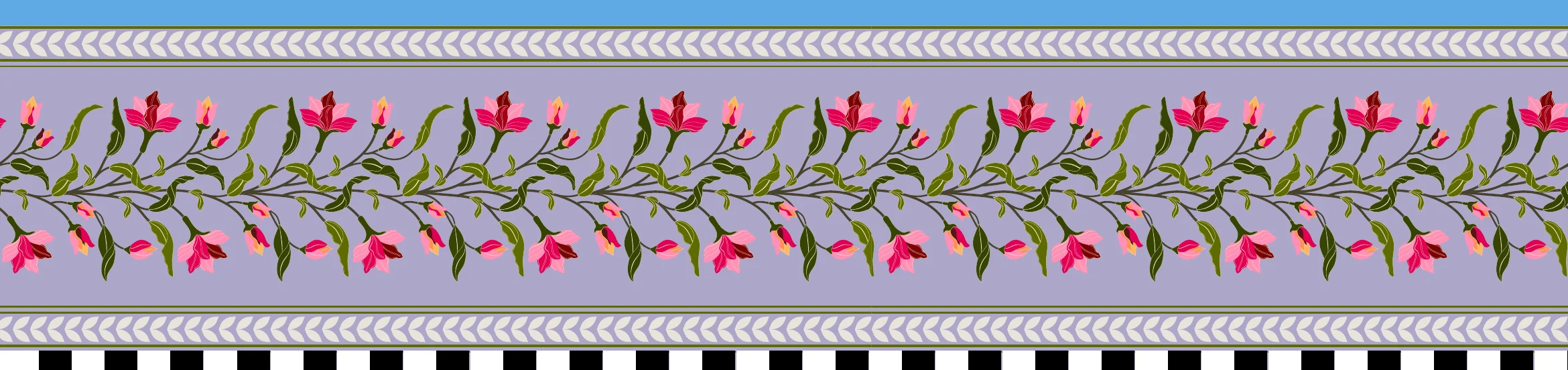 Floral border with pink blossoms and green leaves on a lilac band, edged with a chevron trim and a black and white check.