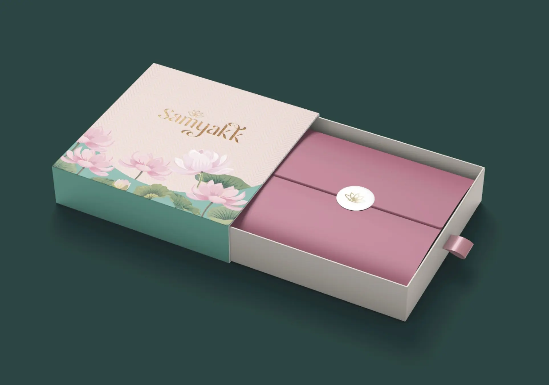 Bridal box at an angle, sleeve pulled back from the mauve wrap
