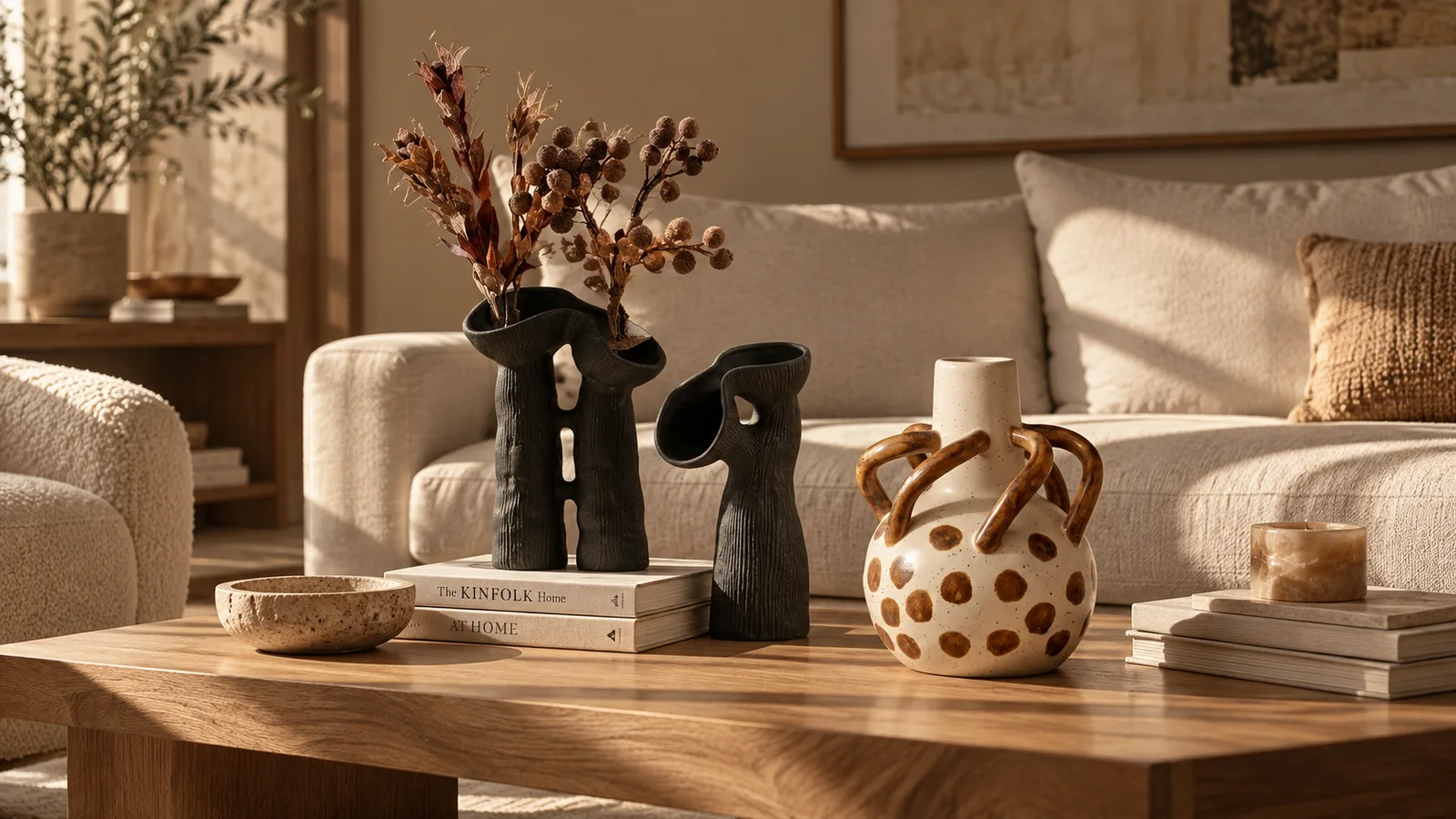 Ceramic Vases banner: Sculptural black and dotted vases on a timber coffee table
