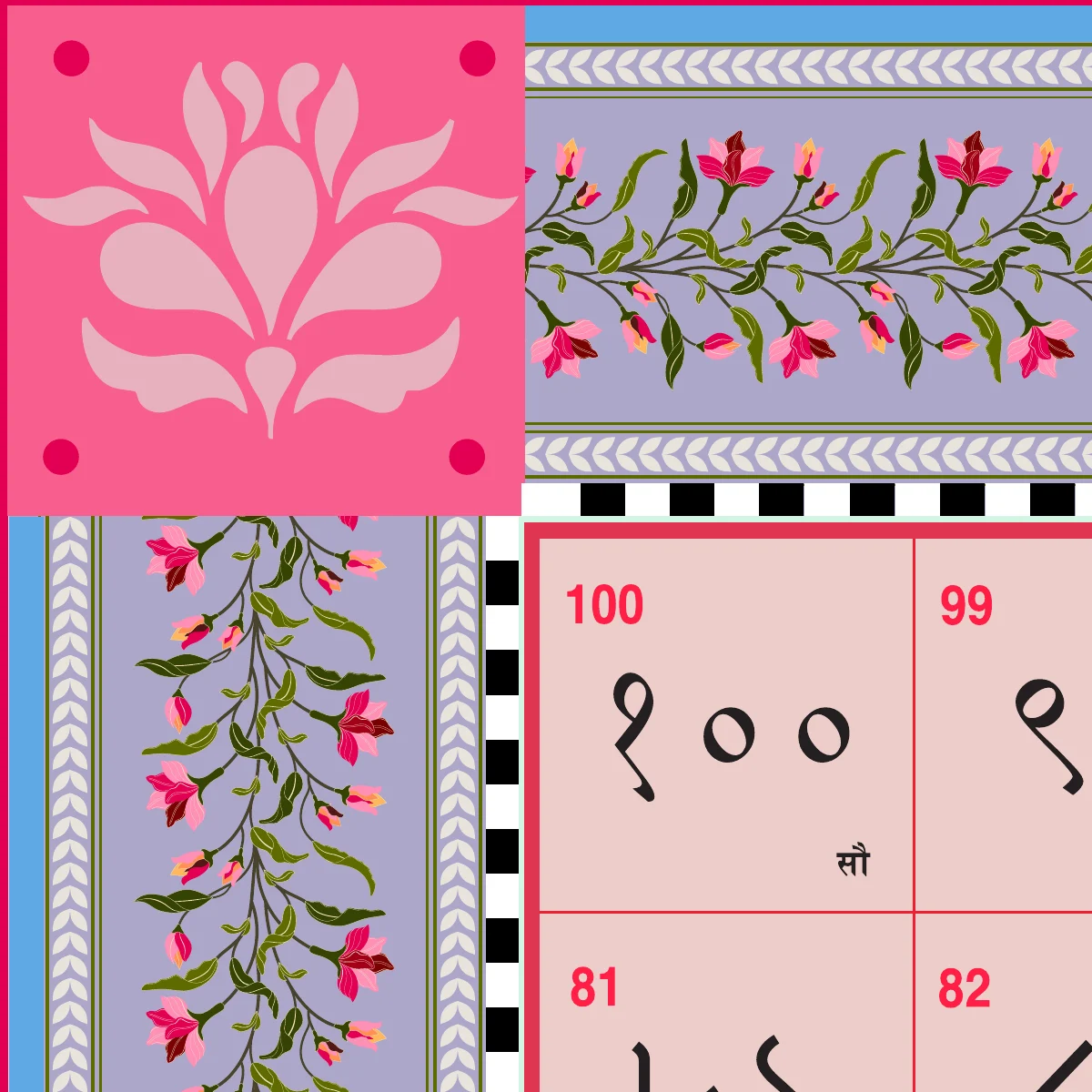 Corner of the board: a pink lotus block where the floral borders meet, beside square 100.