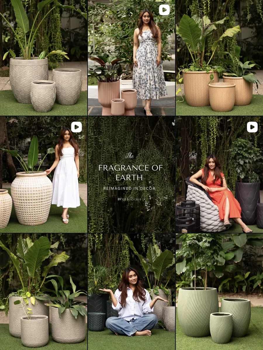 Instagram grid: garden planters among tropical plants, with reels and a Fragrance of Earth title post