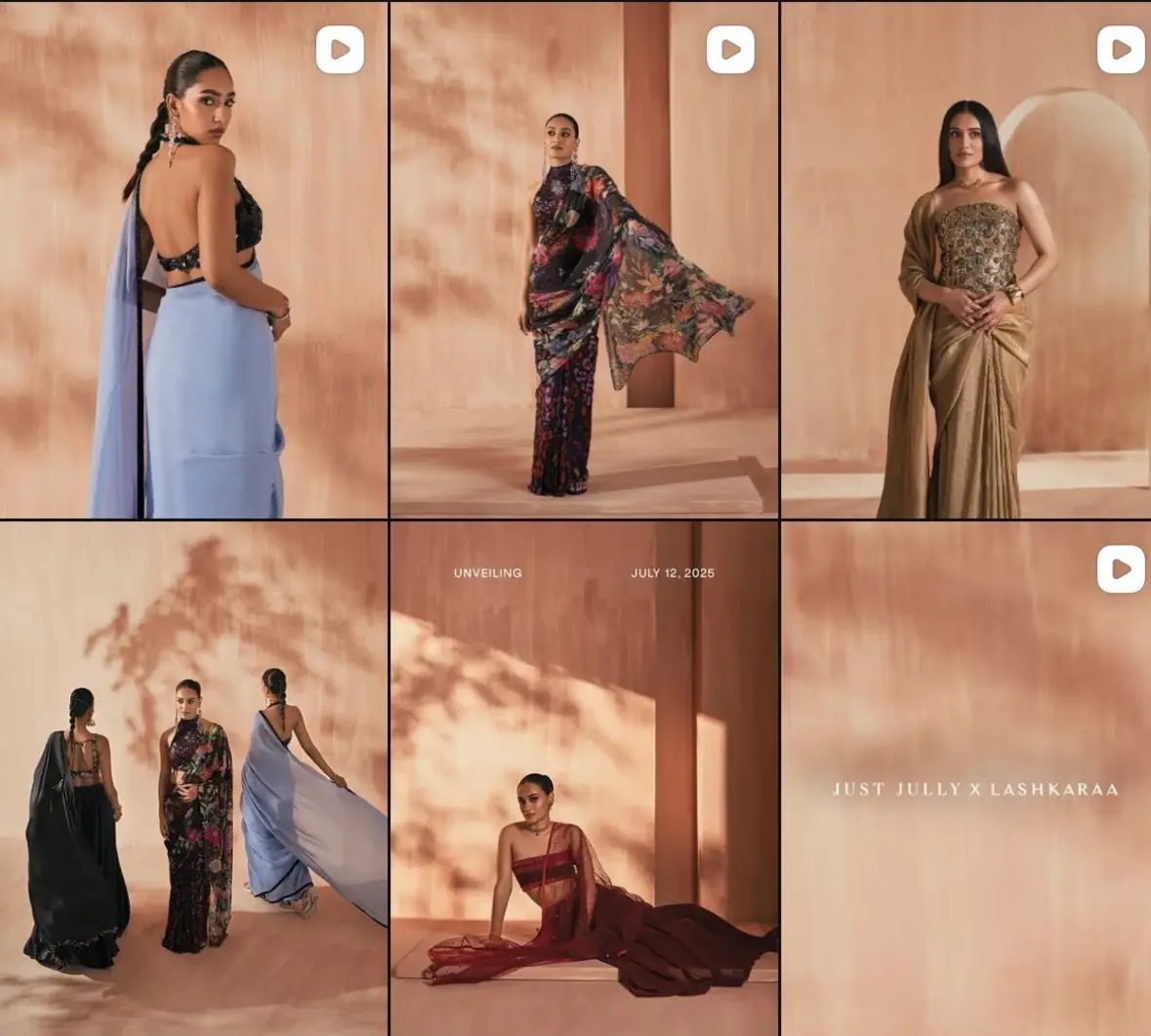 The Just Jully x Lashkaraa launch on the Instagram grid: six posts in a peach arched set