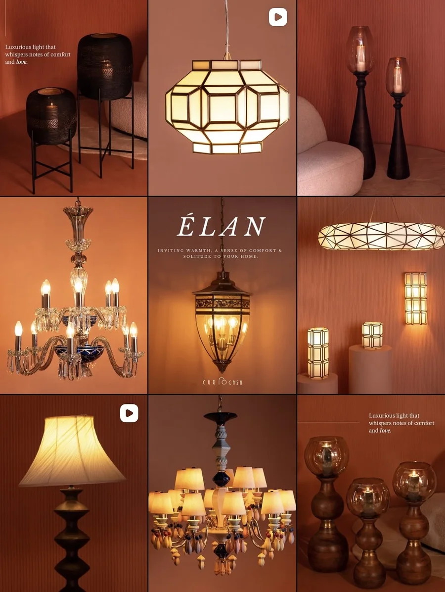 Instagram grid: lamps and chandeliers against warm terracotta walls, with an Élan title post