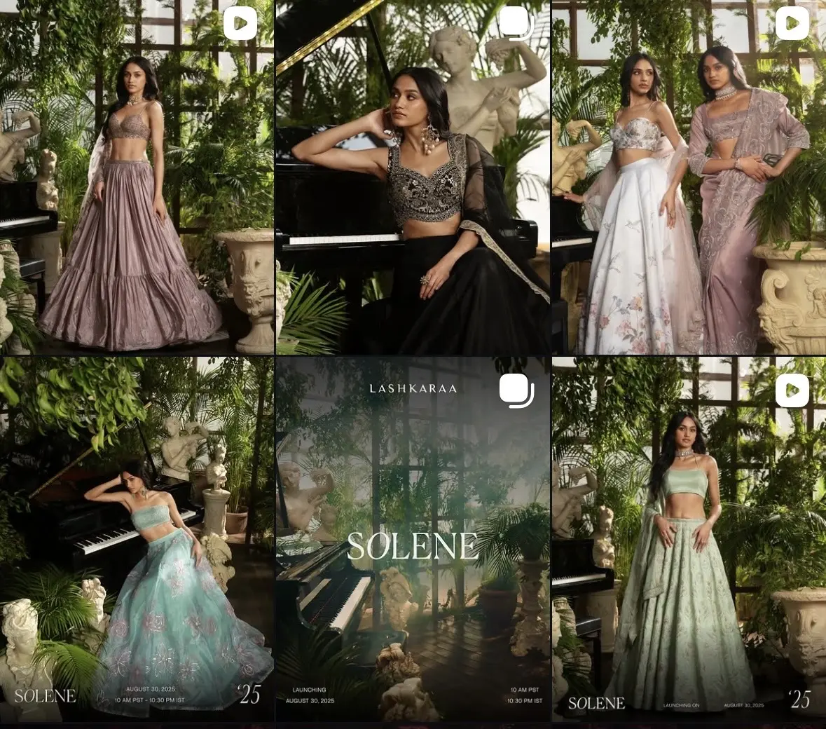 The Solene launch on the Lashkaraa Instagram grid: six posts in the glasshouse