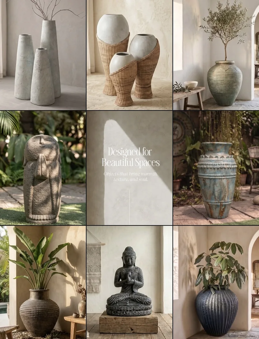 Instagram grid: stone and ceramic vases, planters and statues in soft neutral rooms