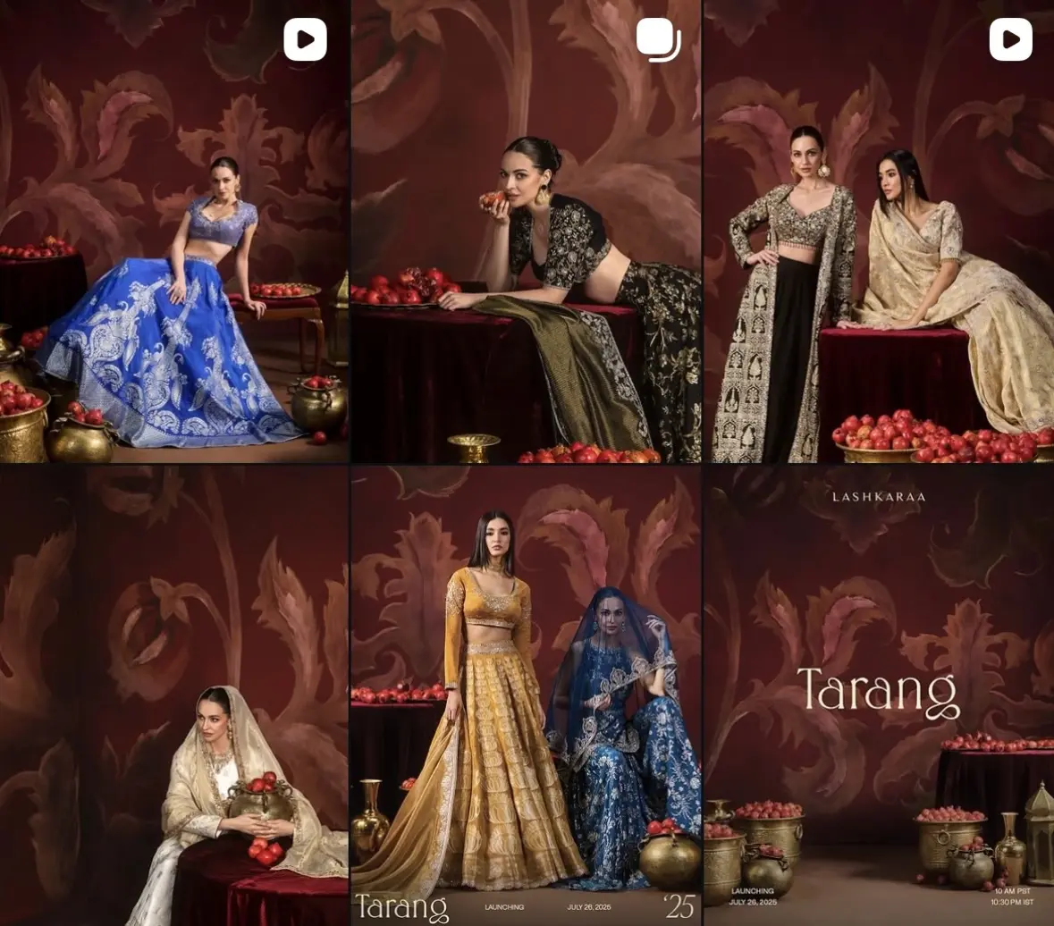 The Tarang launch on the Lashkaraa Instagram grid: six posts against oxblood damask