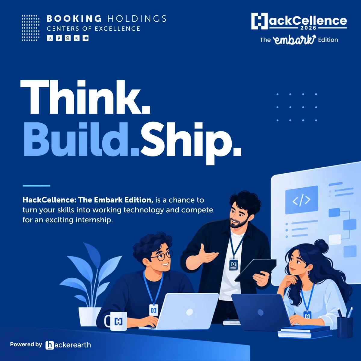 HackCellence LinkedIn post on Booking blue: Think. Build. Ship., with a mentor and two students