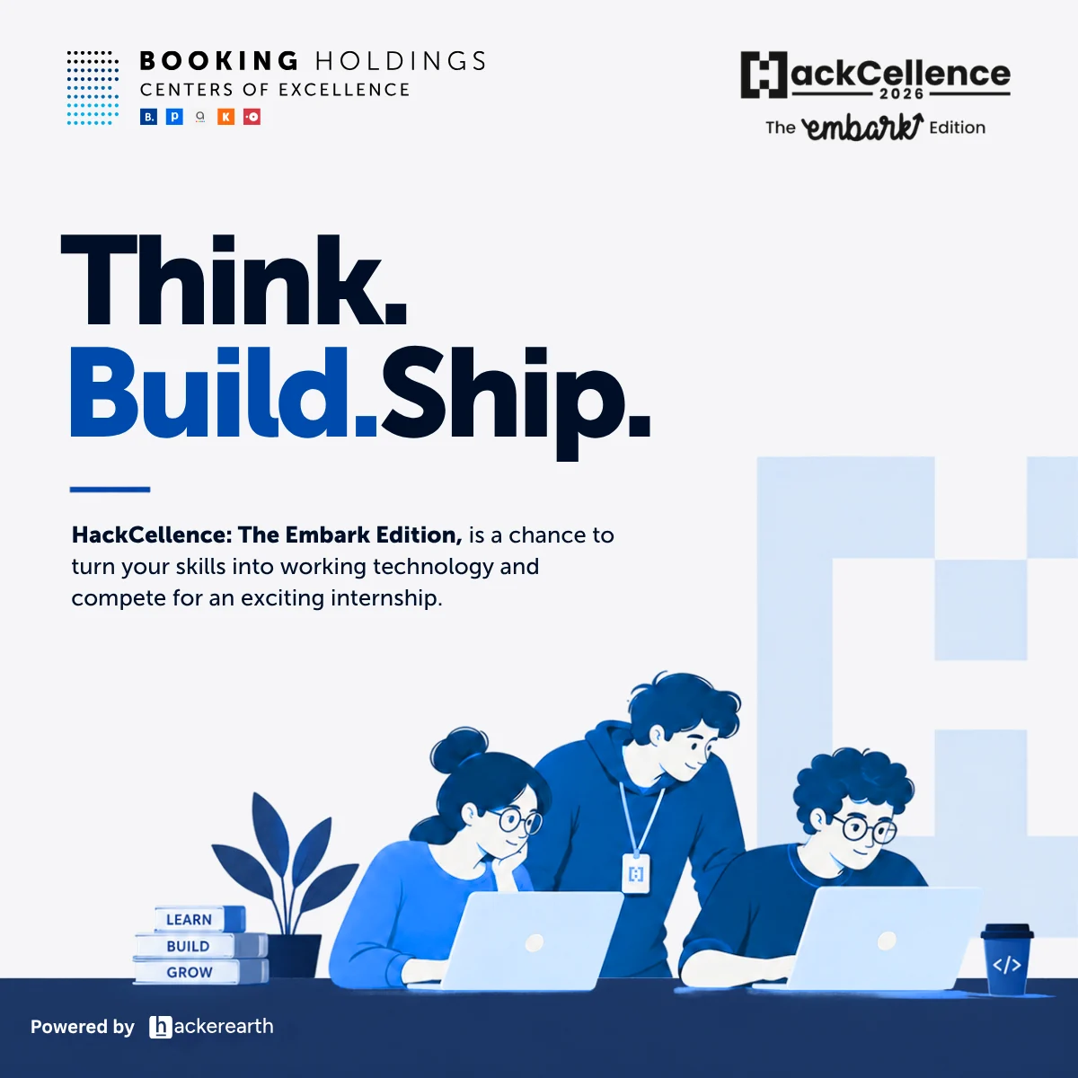HackCellence LinkedIn post on a light background: Think. Build. Ship., with students coding together