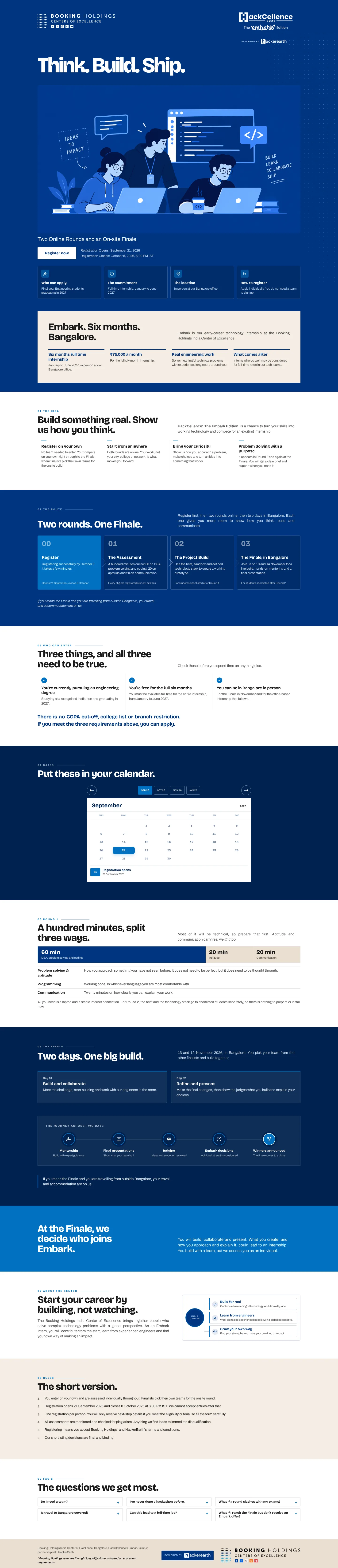 Full-length HackCellence microsite: hero, Embark internship details, the idea, the two-round route, eligibility, dates, round one, the finale, about the center, rules and FAQs