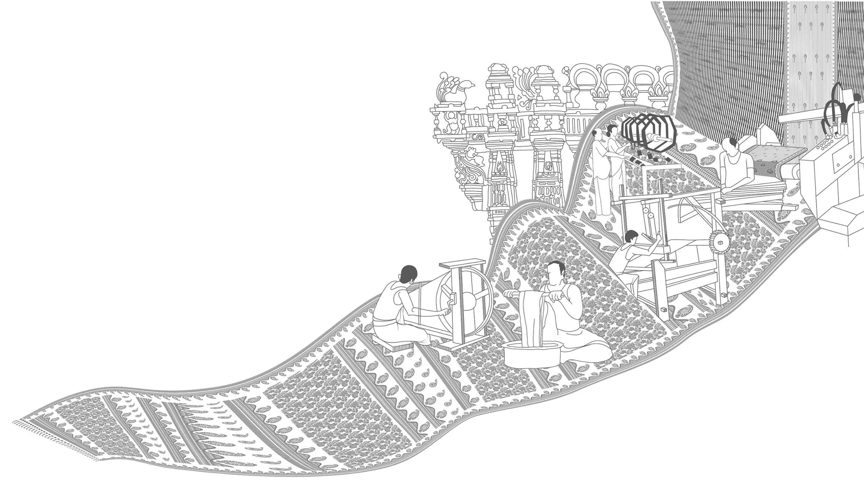Line illustration of a patterned sari flowing across the page, with figures spinning, dyeing and weaving along it and temple pillars behind.