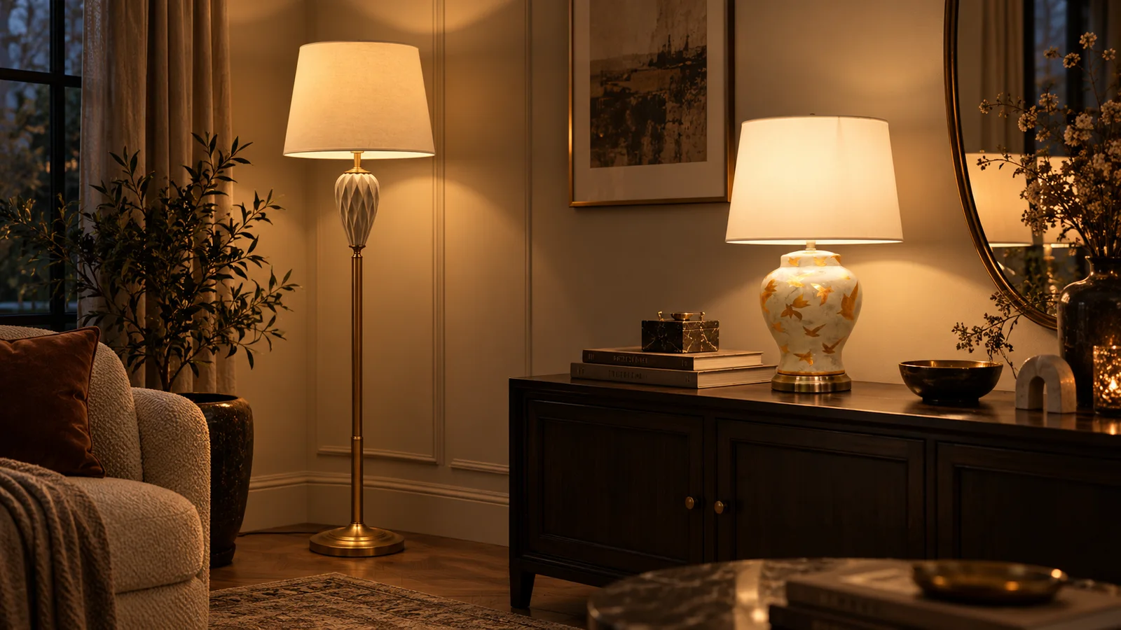 Lamps banner: A ceramic table lamp and a brass floor lamp in an evening living room