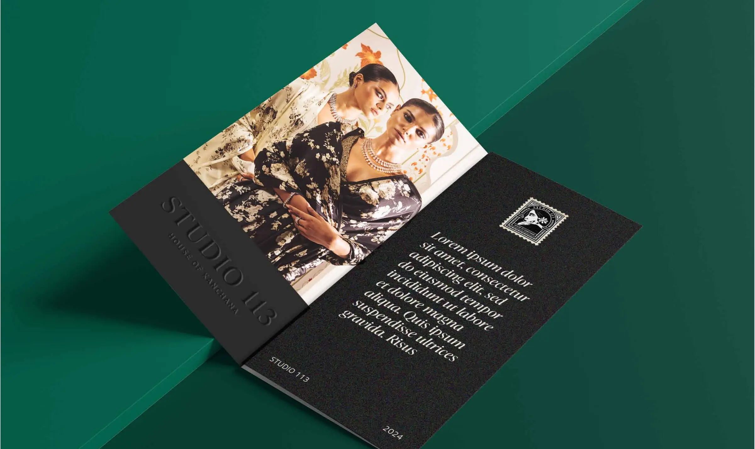 Studio 113 lookbook spread on teal