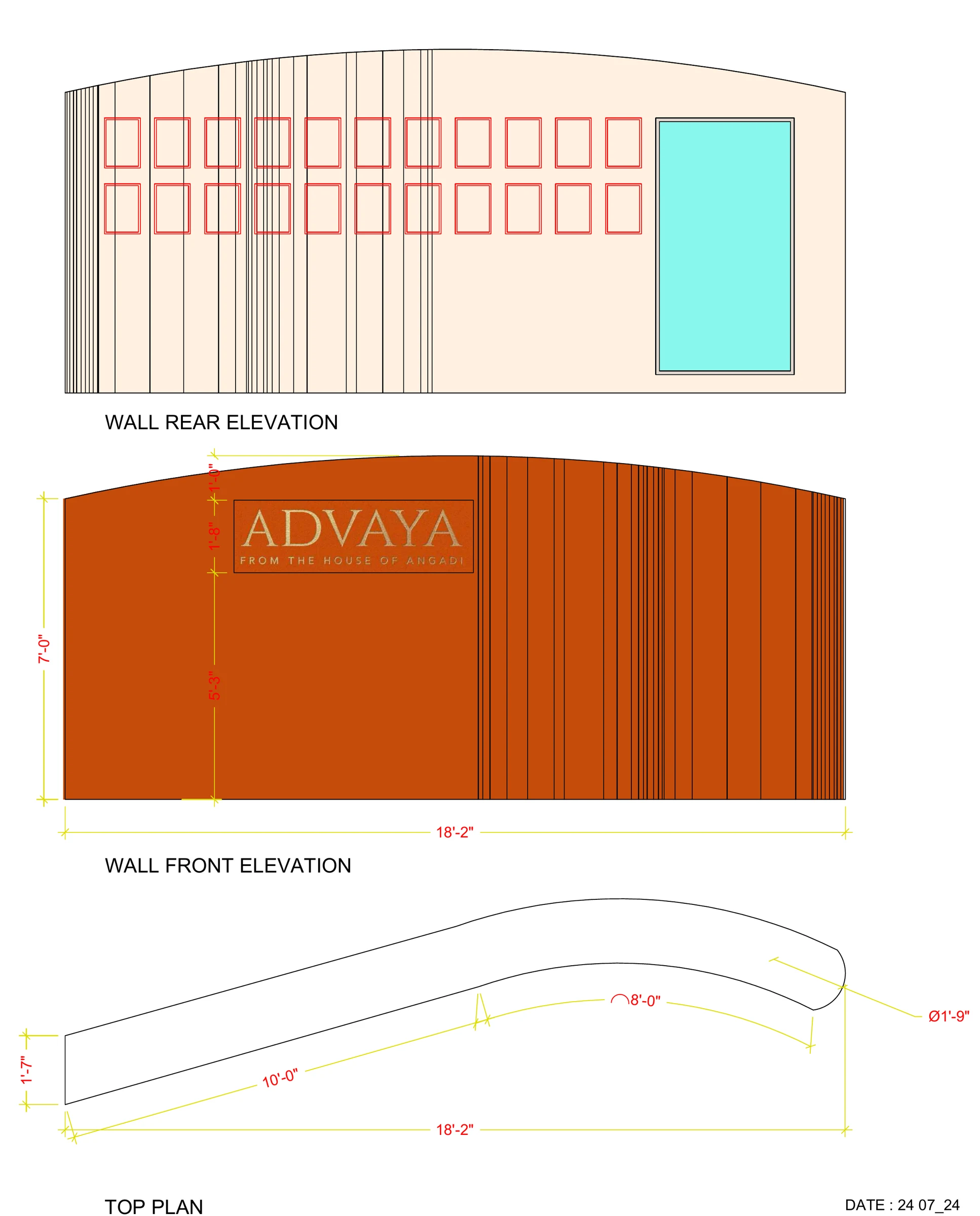 Drawing sheet of the curved wall: rear elevation, front elevation with the Advaya wordmark, 7′-0″ high and 18′-2″ long, and a top plan showing a 10′-0″ straight run into an 8′-0″ curve.