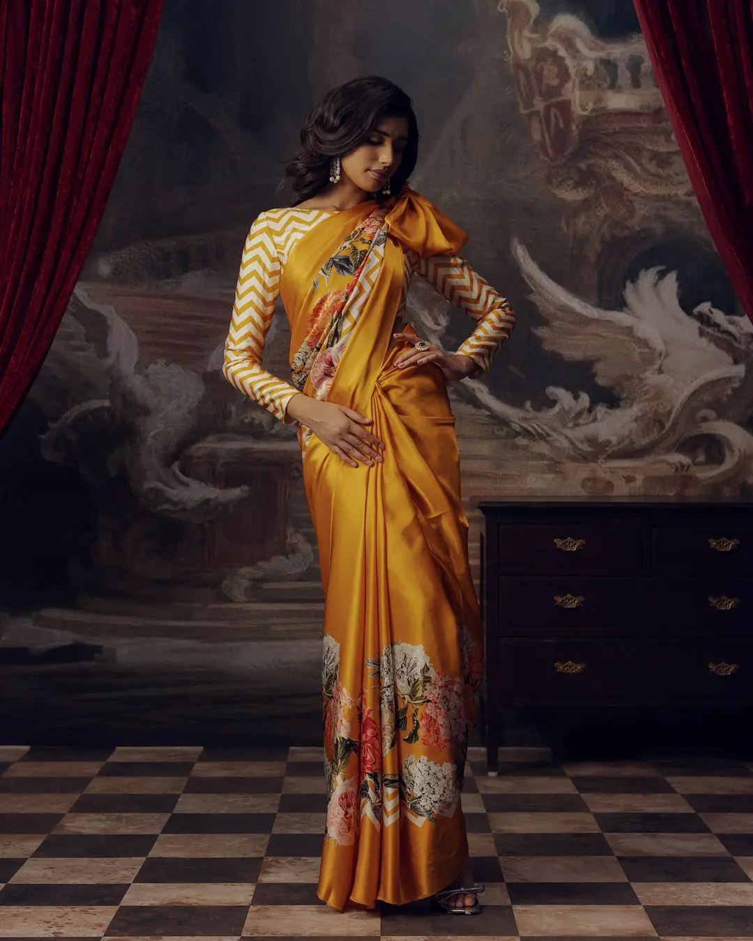 Mustard satin with a painted floral border.