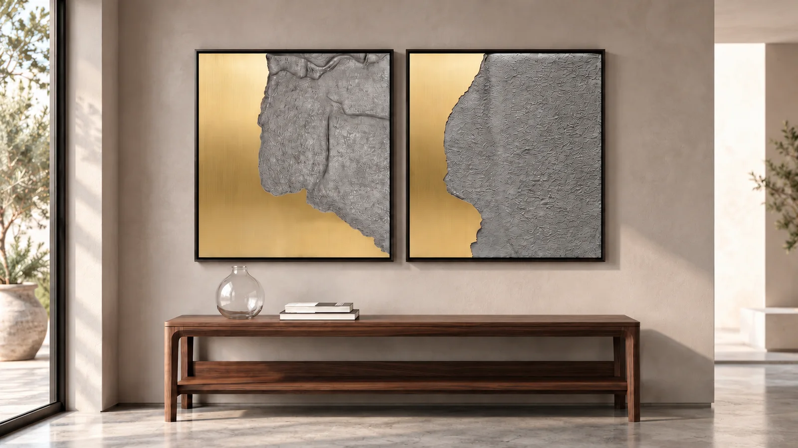 Wall Art banner: Gold and stone abstract panels above a timber bench