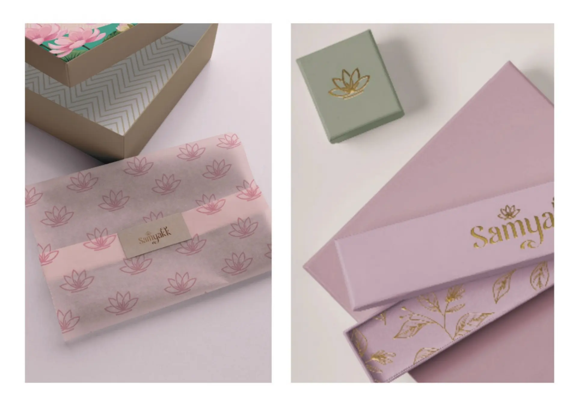 Lotus print tissue wrap with a Samyakk seal, a small green box and a mauve box with gold foil